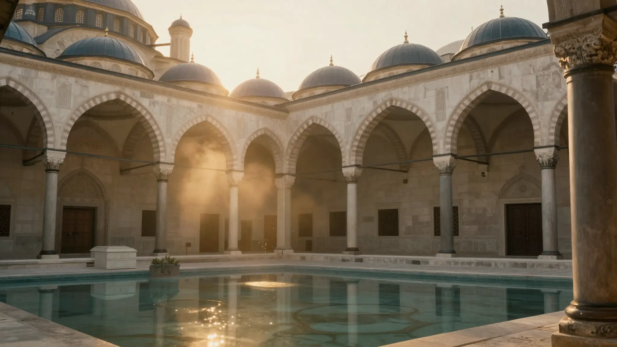 ضوء الفجر الذهبي يتسلل عبر أقواس مسجد تاريخي هادئ يجسّد معاني كلمة رب من الرعاية والتدبير في اللغة العربية
